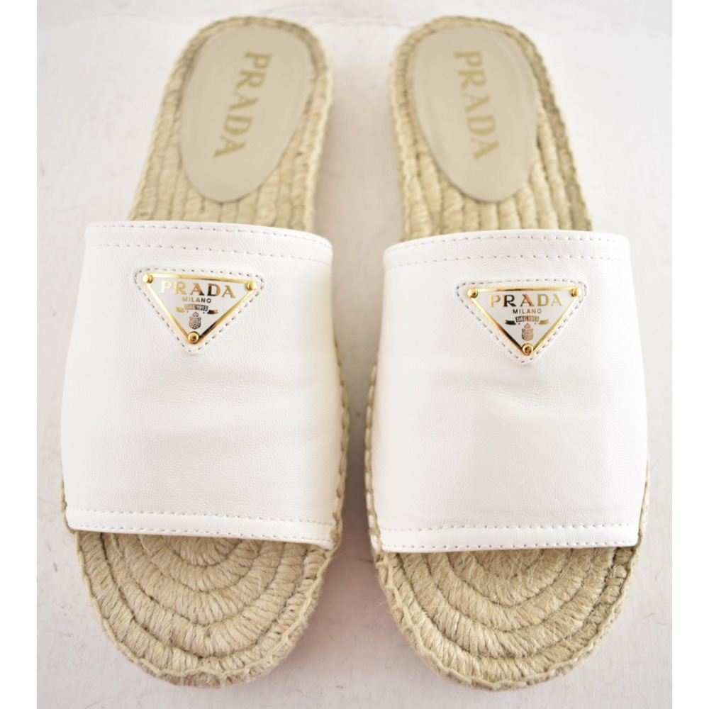 Prada Gold Triangle Logo Avorio White Leather Espadrille Slide Sandal Flat 37 - Picture 9 of 16